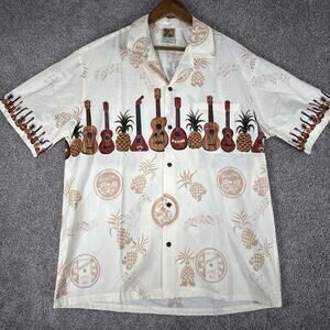 Vtg Winnie Fashion Hawaiin Shirt Men XL Cream Camp Collar Guitar Wrap Around USA